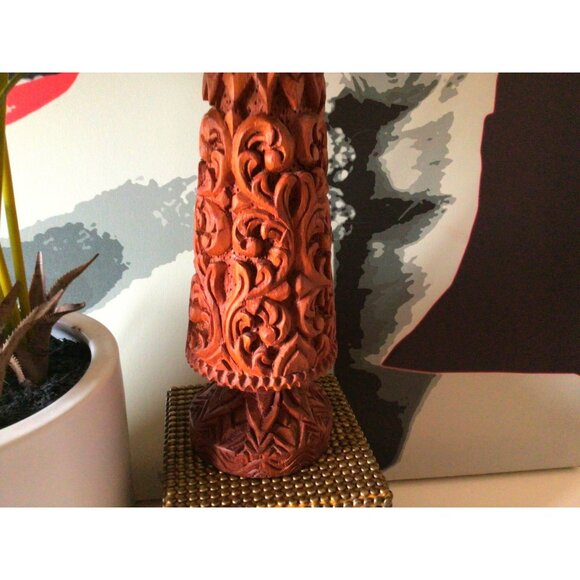 Vintage Vase Ornate Floral Hand Carvings Wooden 10" x 4"  Made In Thailand - Picture 6 of 14